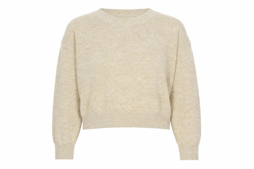 Front view of H&M Women Beige Acrylic Crew Neck jumper, size M