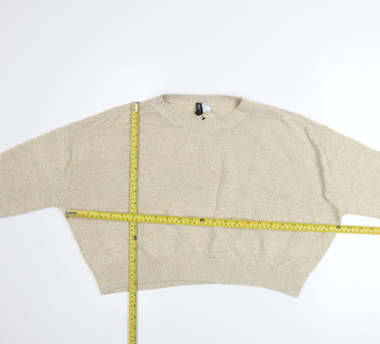 H&M Women Beige Acrylic Crew Neck Pullover Jumper Size M