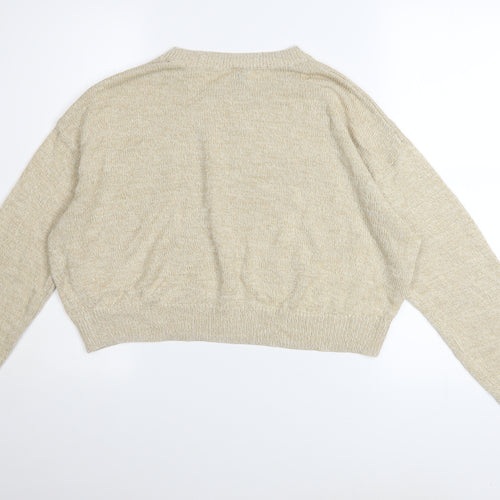 H&M Women Beige Acrylic Crew Neck Pullover Jumper Size M