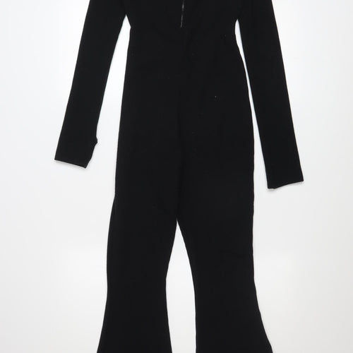 PrettyLittleThing Women’s Black Ribbed Flared Long Sleeve Jumpsuit UK 6