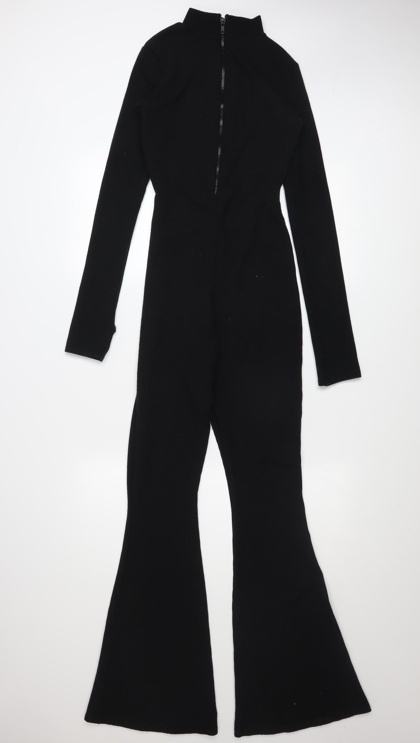 PrettyLittleThing Women’s Black Ribbed Flared Long Sleeve Jumpsuit UK 6