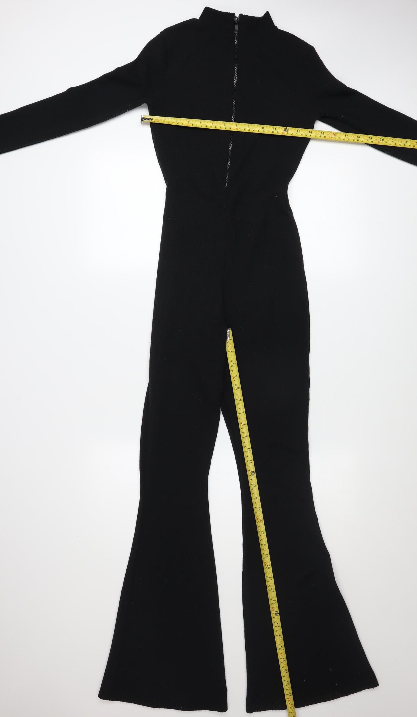 PrettyLittleThing Women’s Black Ribbed Flared Long Sleeve Jumpsuit UK 6