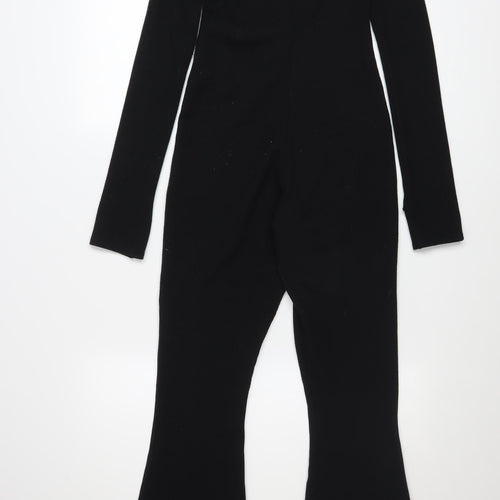 PrettyLittleThing Women’s Black Ribbed Flared Long Sleeve Jumpsuit UK 6