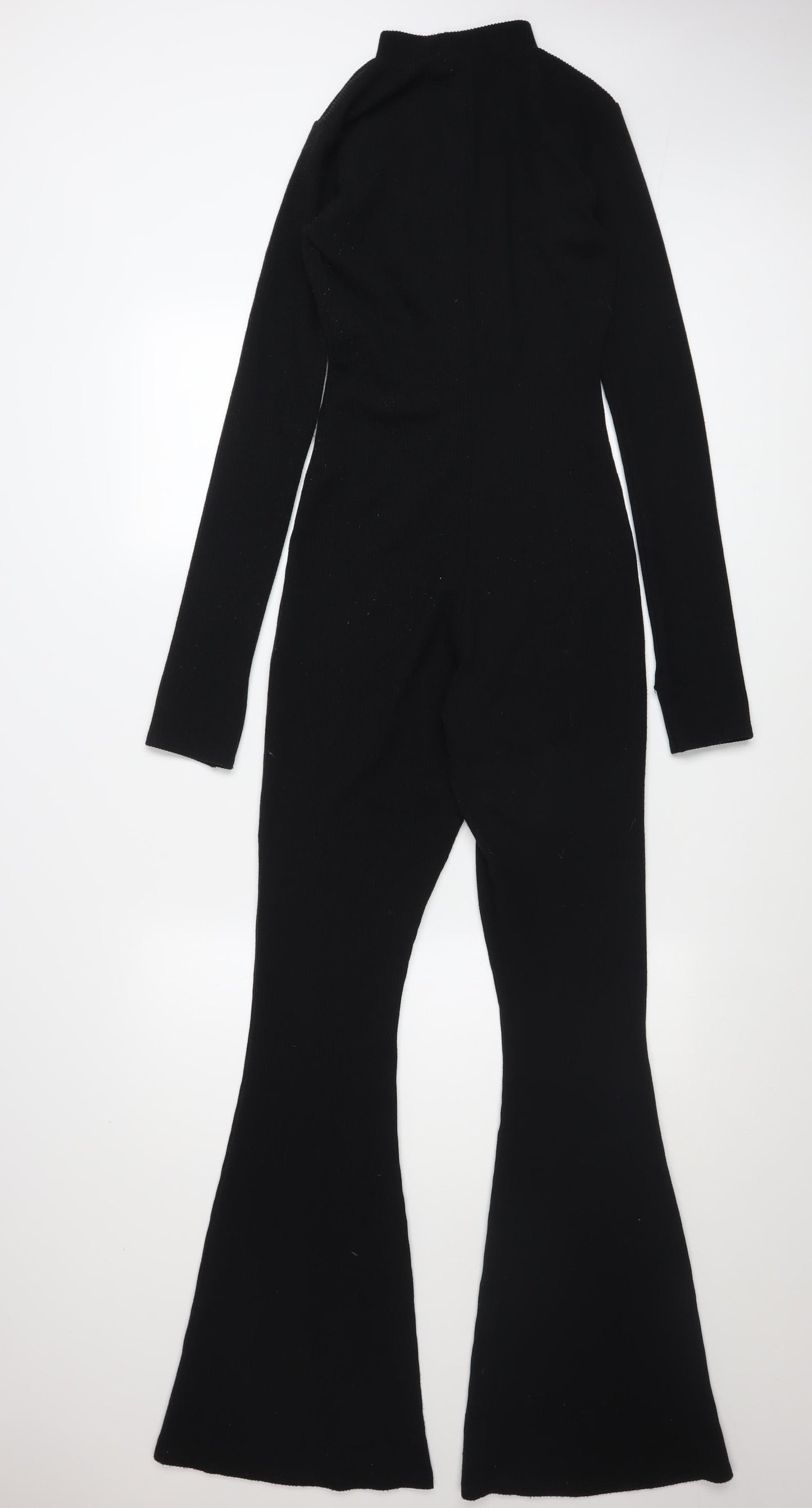 PrettyLittleThing Women’s Black Ribbed Flared Long Sleeve Jumpsuit UK 6