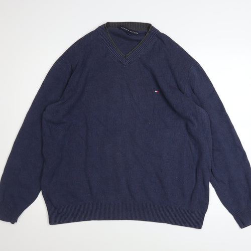 Tommy Hilfiger Men's Blue V-Neck Cotton Jumper XL Pullover
