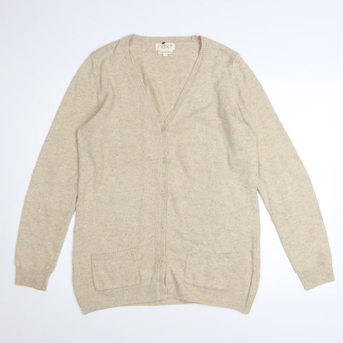 Next Women Beige Cardigan Size 14 V-Neck Knit Faux Leather Elbow Patch