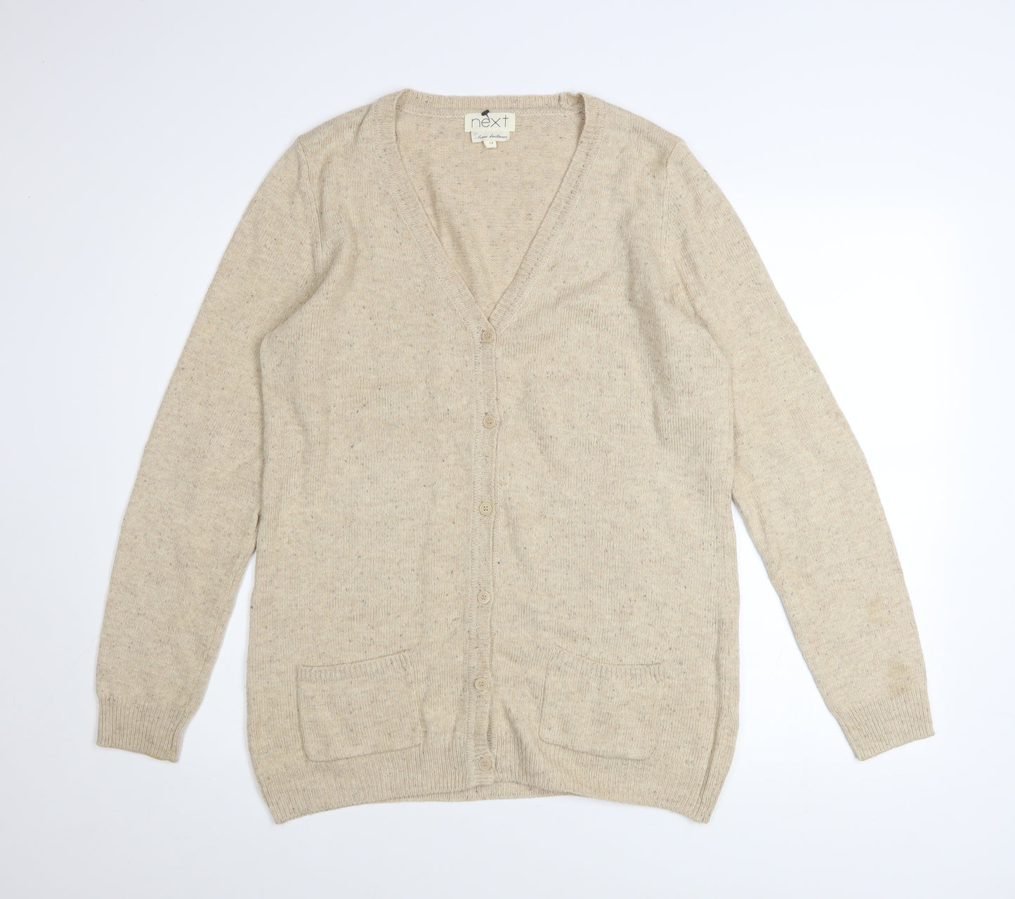 Next Women Beige Cardigan Size 14 V-Neck Knit Faux Leather Elbow Patch