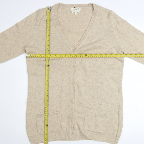 Next Women Beige Cardigan Size 14 V-Neck Knit Faux Leather Elbow Patch