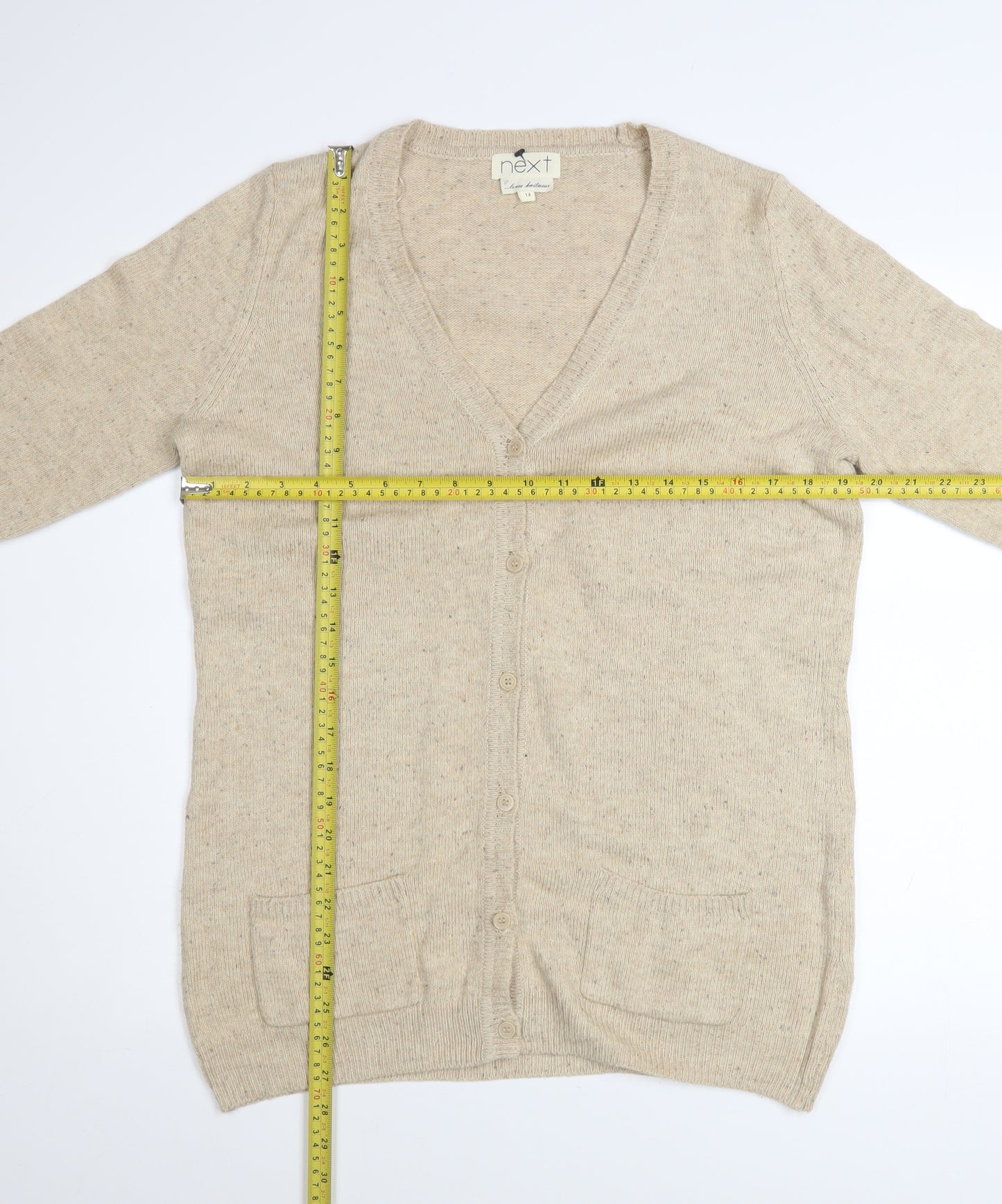 Next Women Beige Cardigan Size 14 V-Neck Knit Faux Leather Elbow Patch