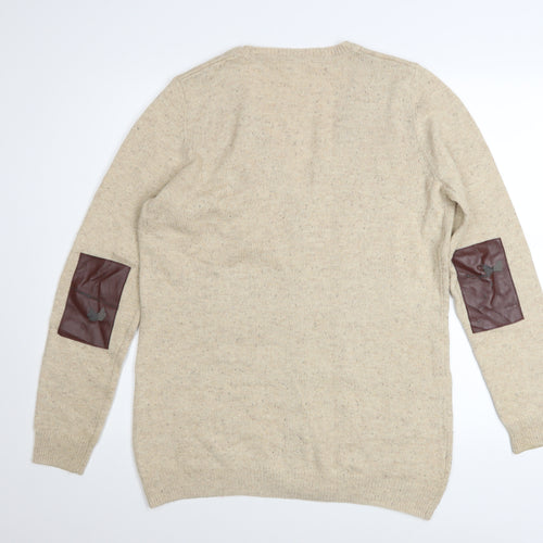 Next Women Beige Cardigan Size 14 V-Neck Knit Faux Leather Elbow Patch