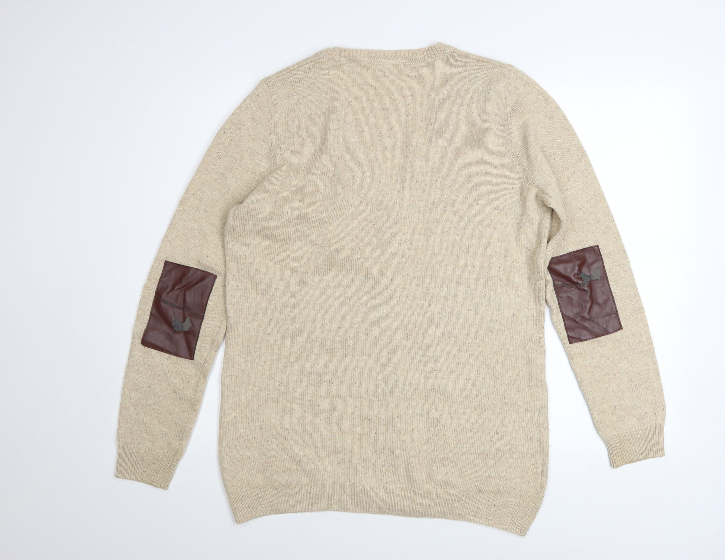 Next Women Beige Cardigan Size 14 V-Neck Knit Faux Leather Elbow Patch