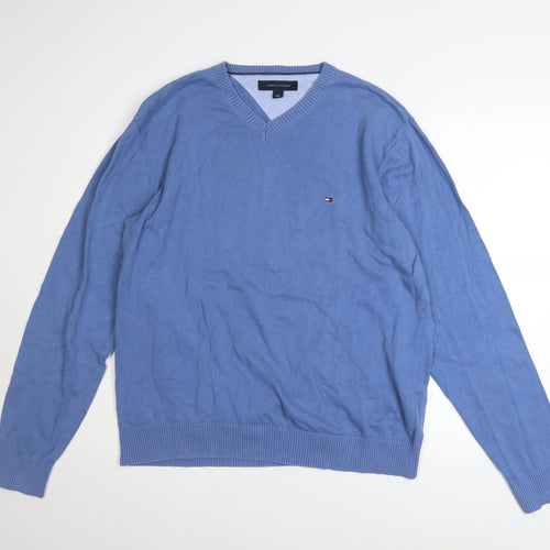 Tommy Hilfiger Men's Blue V-Neck Cotton Pullover Jumper Size L