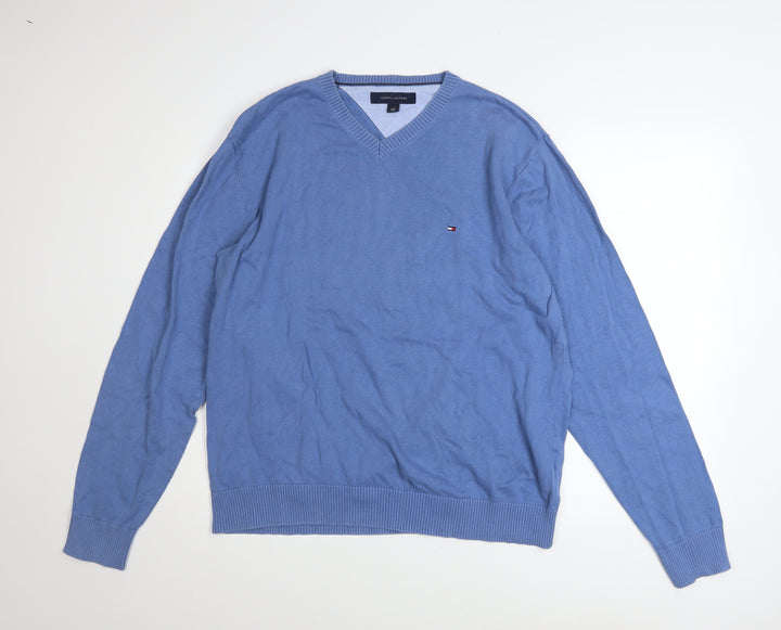 Tommy Hilfiger Men's Blue V-Neck Cotton Pullover Jumper Size L
