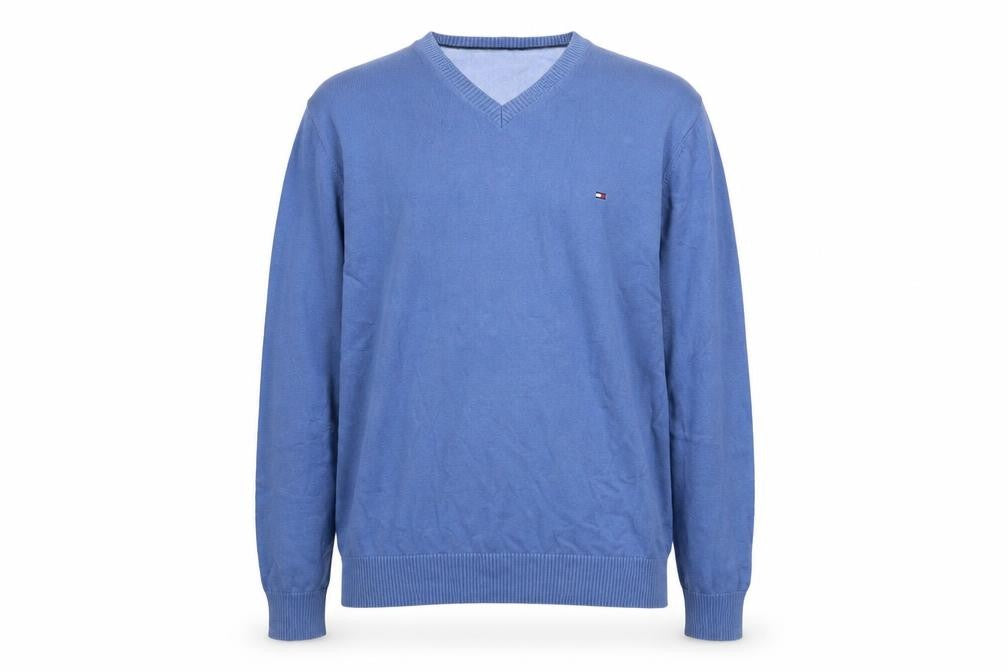 Front view of Tommy Hilfiger Men's Blue V-Neck Cotton jumper, size L