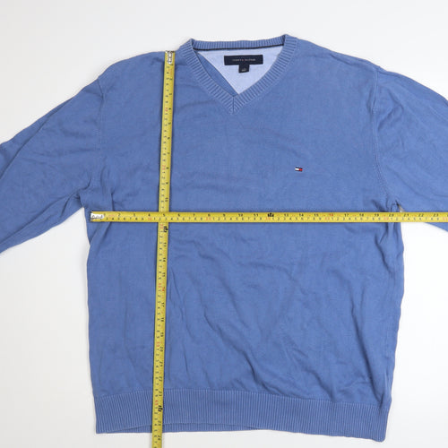 Tommy Hilfiger Men's Blue V-Neck Cotton Pullover Jumper Size L