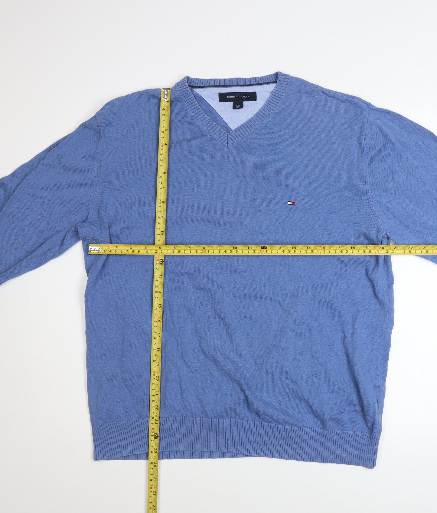 Tommy Hilfiger Men's Blue V-Neck Cotton Pullover Jumper Size L