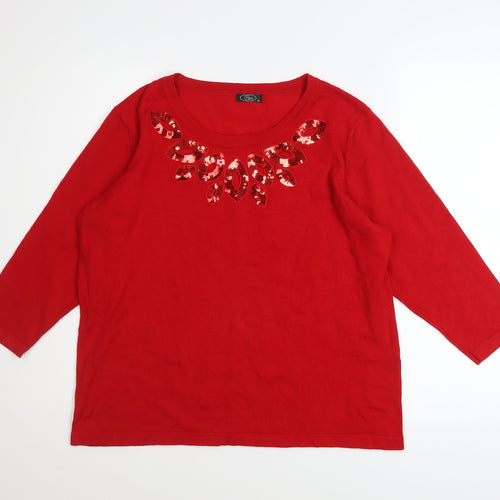 Bm Women's Red Sequin Neck Knit Jumper Medium 3/4 Sleeve Pullover