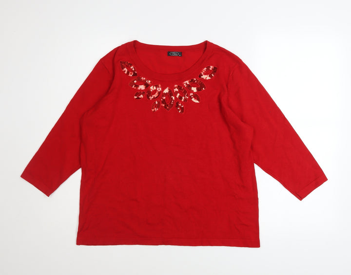 Bm Women's Red Sequin Neck Knit Jumper Medium 3/4 Sleeve Pullover