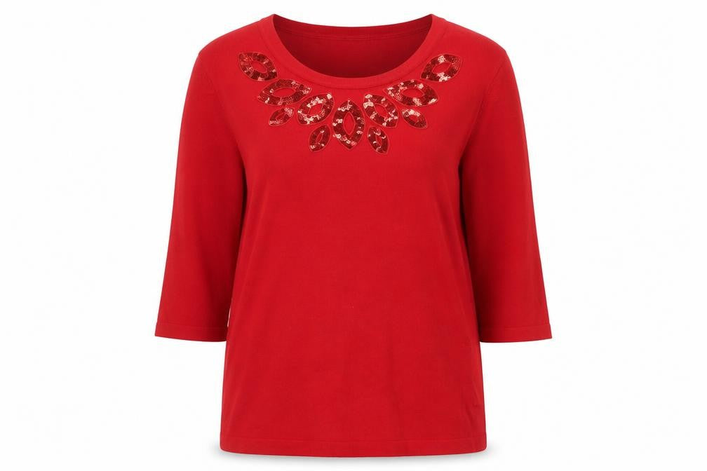 Front view of Bonmarché Women's Red Sequin Neck Knit Jumper Medium 3/4 Sleeve Pullover