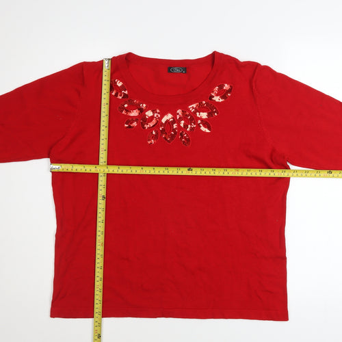 Bm Women's Red Sequin Neck Knit Jumper Medium 3/4 Sleeve Pullover