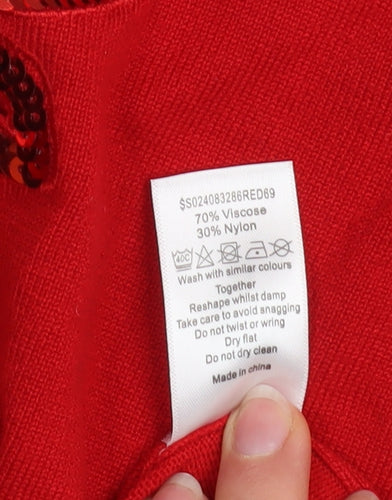 Bm Women's Red Sequin Neck Knit Jumper Medium 3/4 Sleeve Pullover