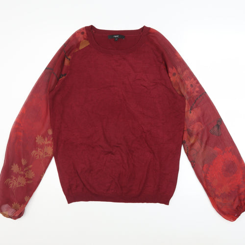 Next Women Red Floral Sheer Sleeve Crew Neck Pullover Jumper Size 12