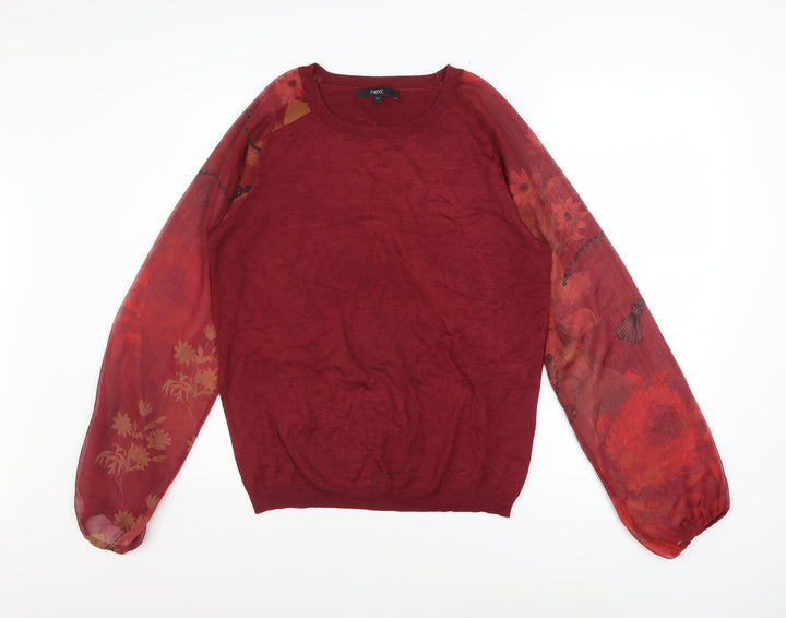 Next Women Red Floral Sheer Sleeve Crew Neck Pullover Jumper Size 12