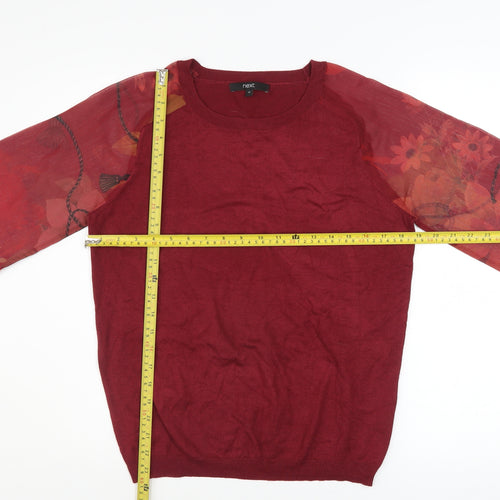 Next Women Red Floral Sheer Sleeve Crew Neck Pullover Jumper Size 12