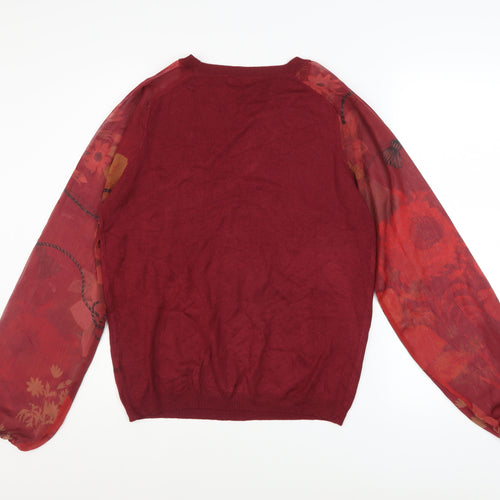 Next Women Red Floral Sheer Sleeve Crew Neck Pullover Jumper Size 12