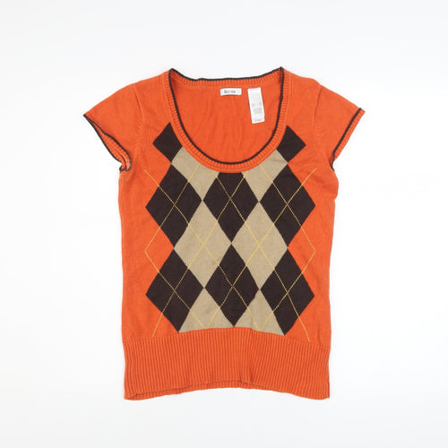 Liz & Co Women’s Orange Argyle Short Sleeve Knit Top Size S