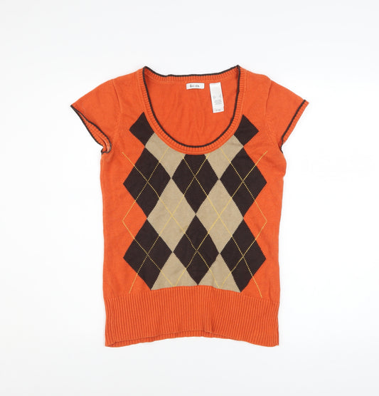 Liz & Co Women’s Orange Argyle Short Sleeve Knit Top Size S