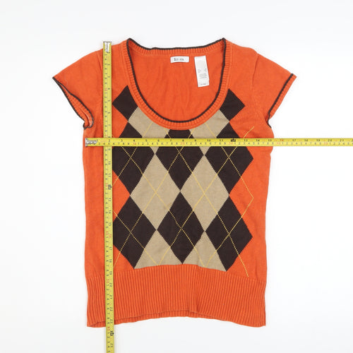 Liz & Co Women’s Orange Argyle Short Sleeve Knit Top Size S