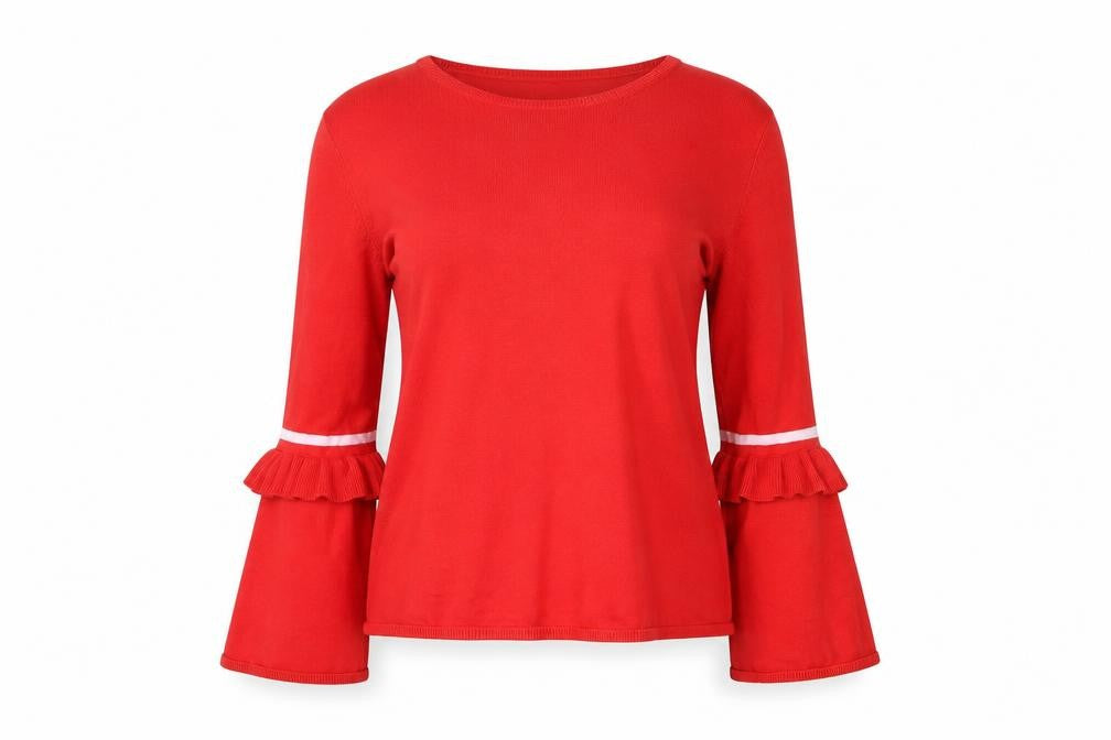 Front view of Only Women’s Red Bell Sleeve Ruffle Knit Jumper, size M