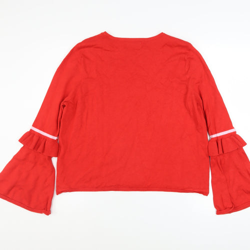 ONLY Women’s Red Bell Sleeve Ruffle Knit Jumper Size M