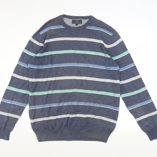 Atlantic Bay Men's Blue Striped Cotton Crew Neck Jumper Size L