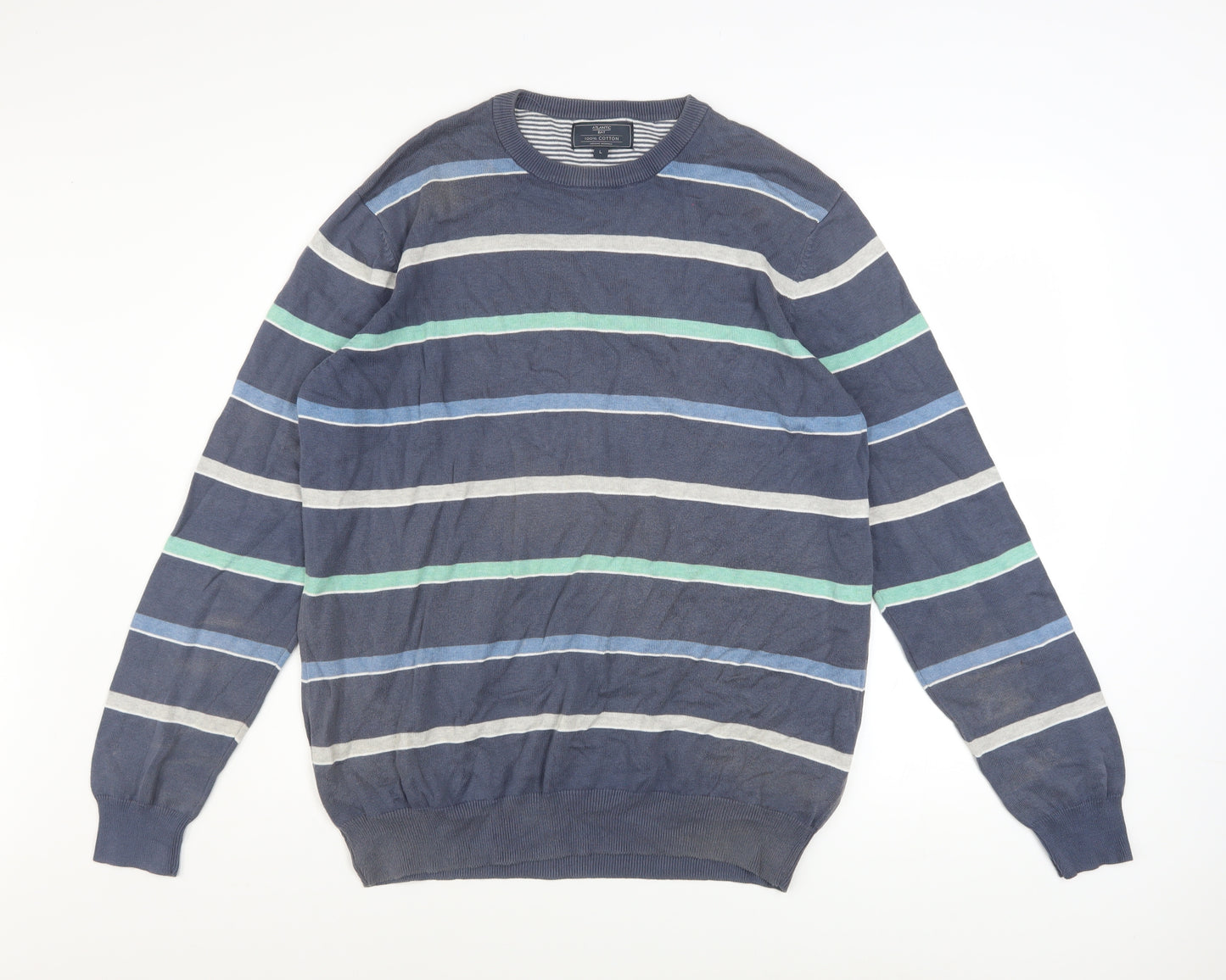 Atlantic Bay Men's Blue Striped Cotton Crew Neck Jumper Size L