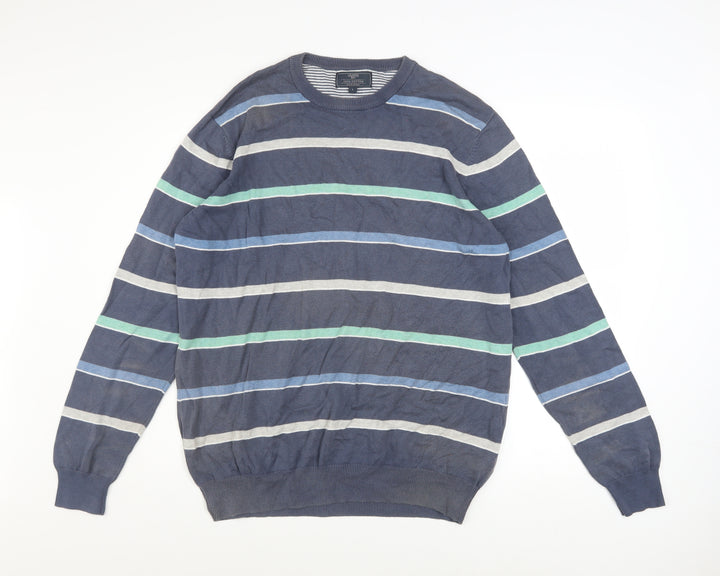 Atlantic Bay Men's Blue Striped Cotton Crew Neck Jumper Size L