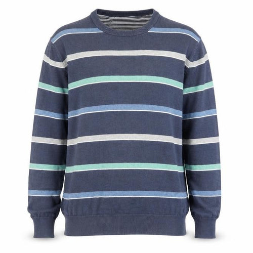 Atlantic Bay Men's Blue Striped Cotton Crew Neck Jumper Size L