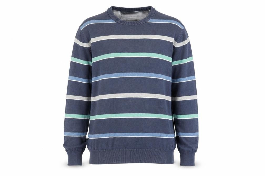 Atlantic Bay Men's Blue Striped Cotton Crew Neck Jumper Size L