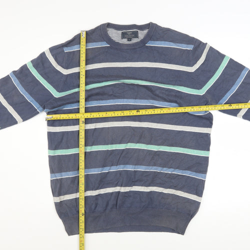 Atlantic Bay Men's Blue Striped Cotton Crew Neck Jumper Size L