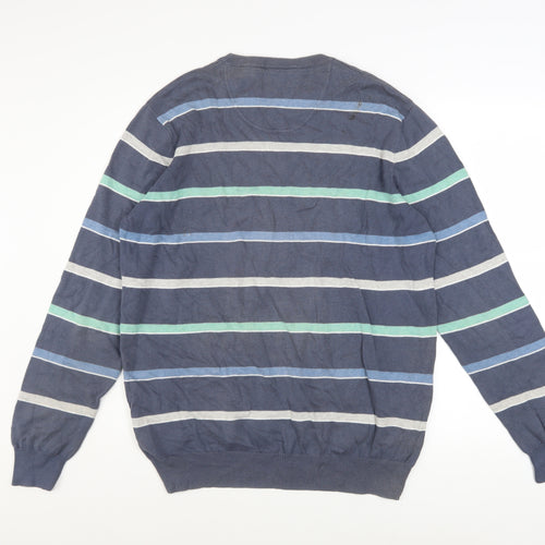 Atlantic Bay Men's Blue Striped Cotton Crew Neck Jumper Size L