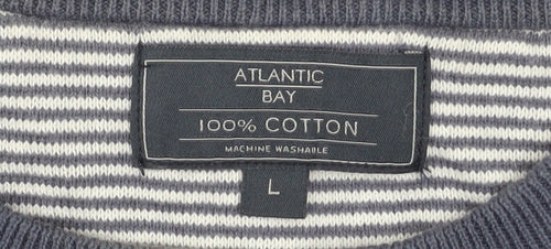 Atlantic Bay Men's Blue Striped Cotton Crew Neck Jumper Size L