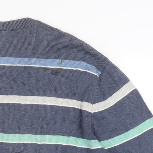 Atlantic Bay Men's Blue Striped Cotton Crew Neck Jumper Size L