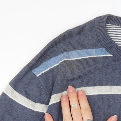 Atlantic Bay Men's Blue Striped Cotton Crew Neck Jumper Size L