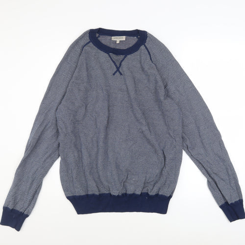 Haworth Men Blue Striped Cotton Crew Neck Pullover Jumper XL