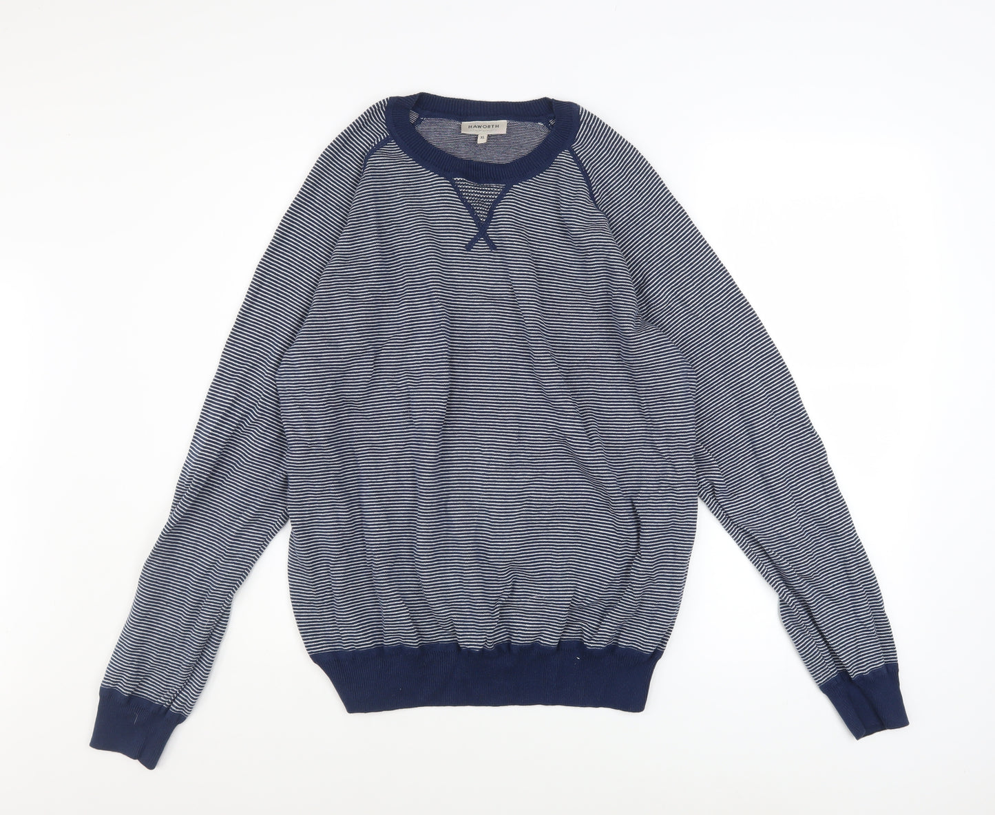 Haworth Men Blue Striped Cotton Crew Neck Pullover Jumper XL