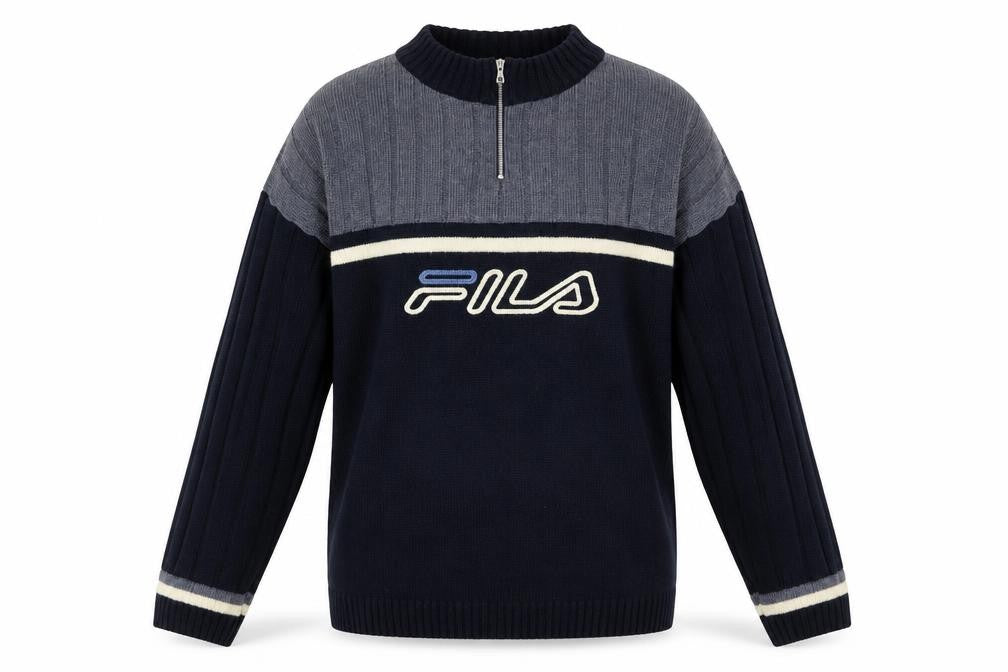 Front view of Fila men’s blue high neck half zip knit jumper, size L