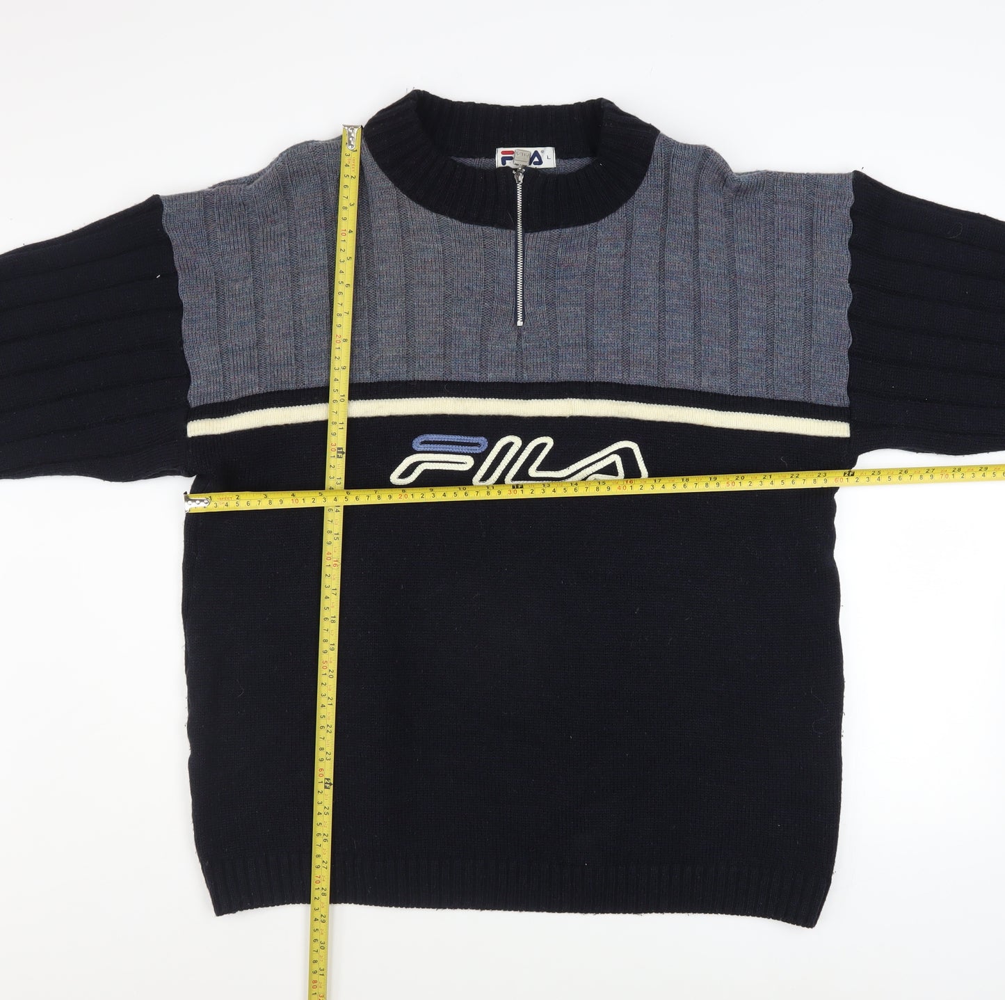 Fila Mens Blue High Neck Half Zip Knit Jumper Size L