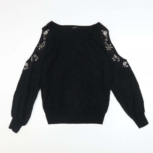 Roman Women Black Beaded Cold Shoulder Jumper Size 16