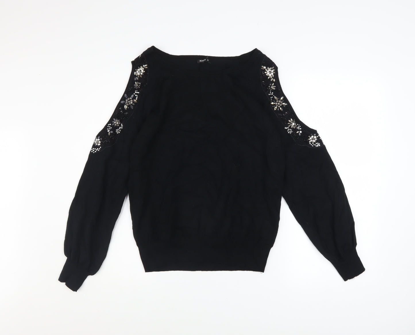 Roman Women Black Beaded Cold Shoulder Jumper Size 16